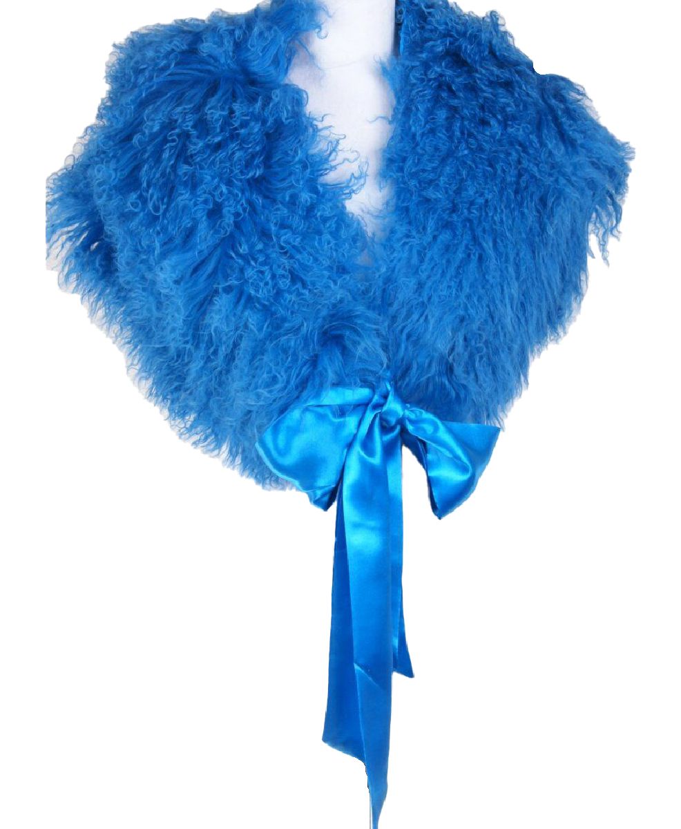 Aqua sheepskin stola met lintsluitng