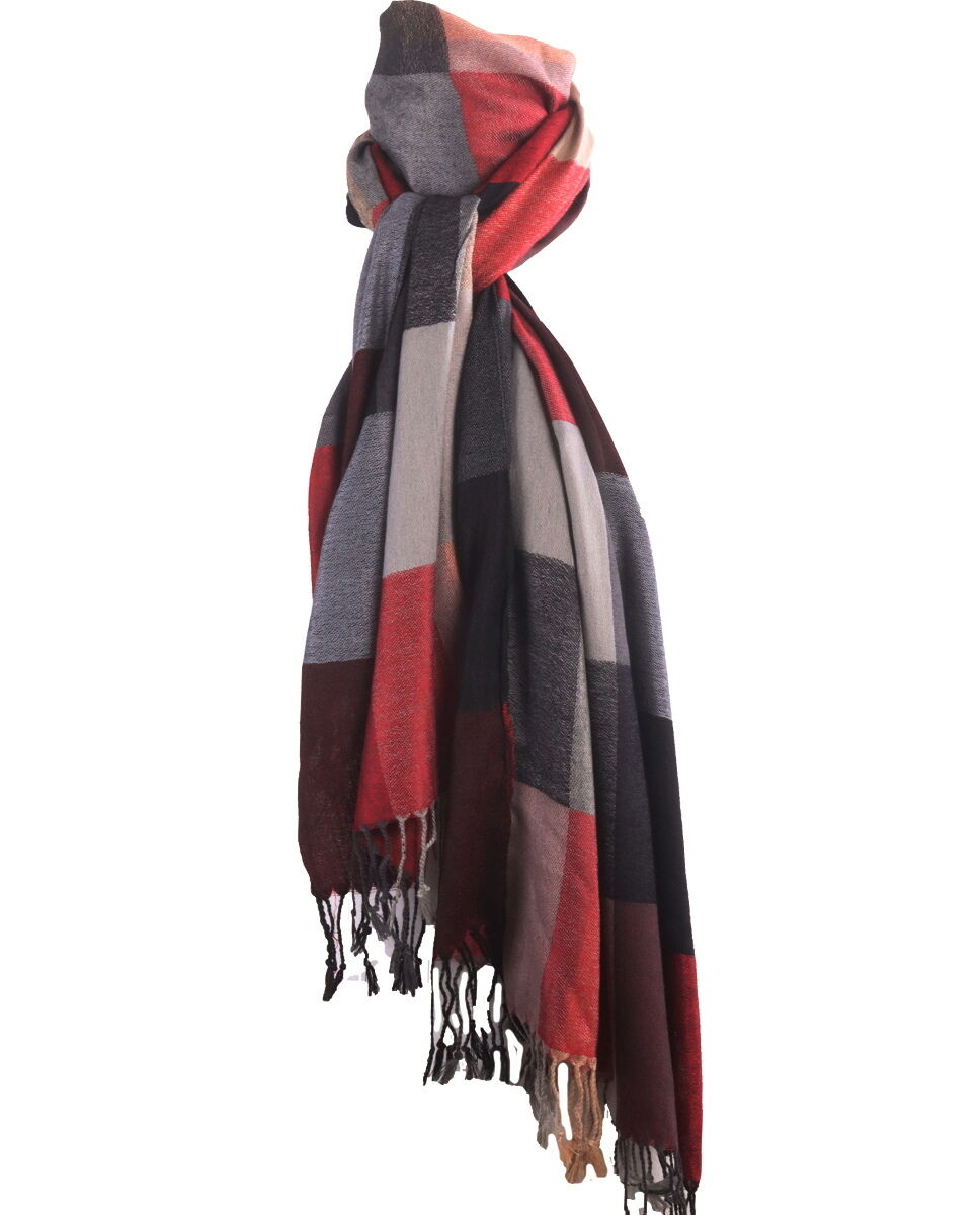 Pashmina sjaal met kleurvlakken in rood en beige